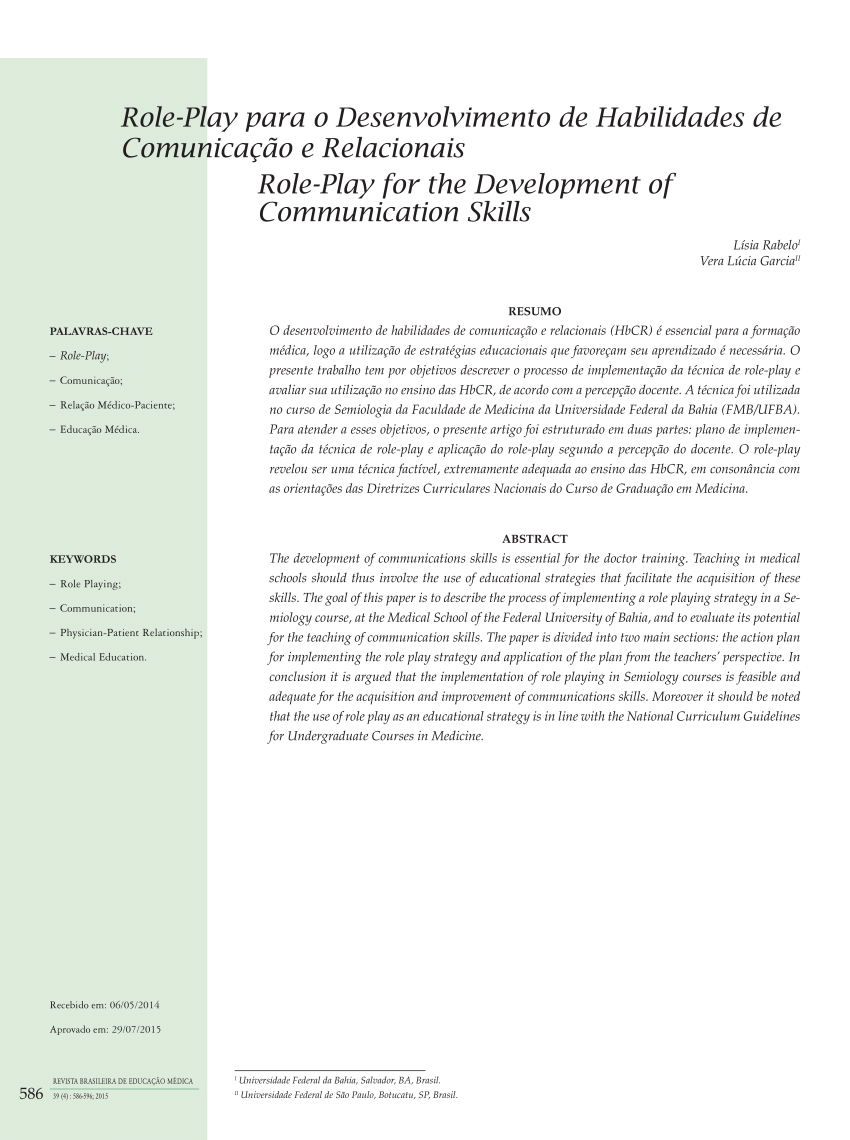 PDF) Role-Play para o Desenvolvimento de Habilidades de Comunicação e  Relacionais
