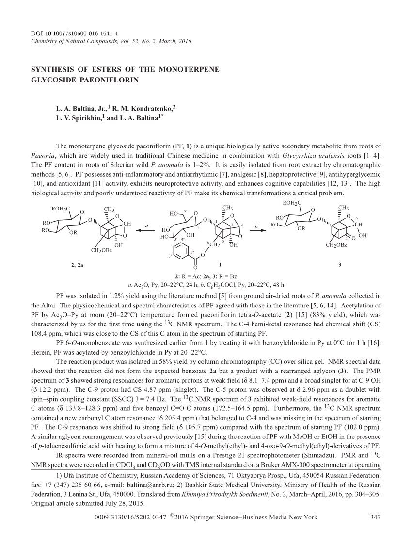 Pdf Synthesis Of Esters Of The Monoterpene Glycoside Paeoniflorin