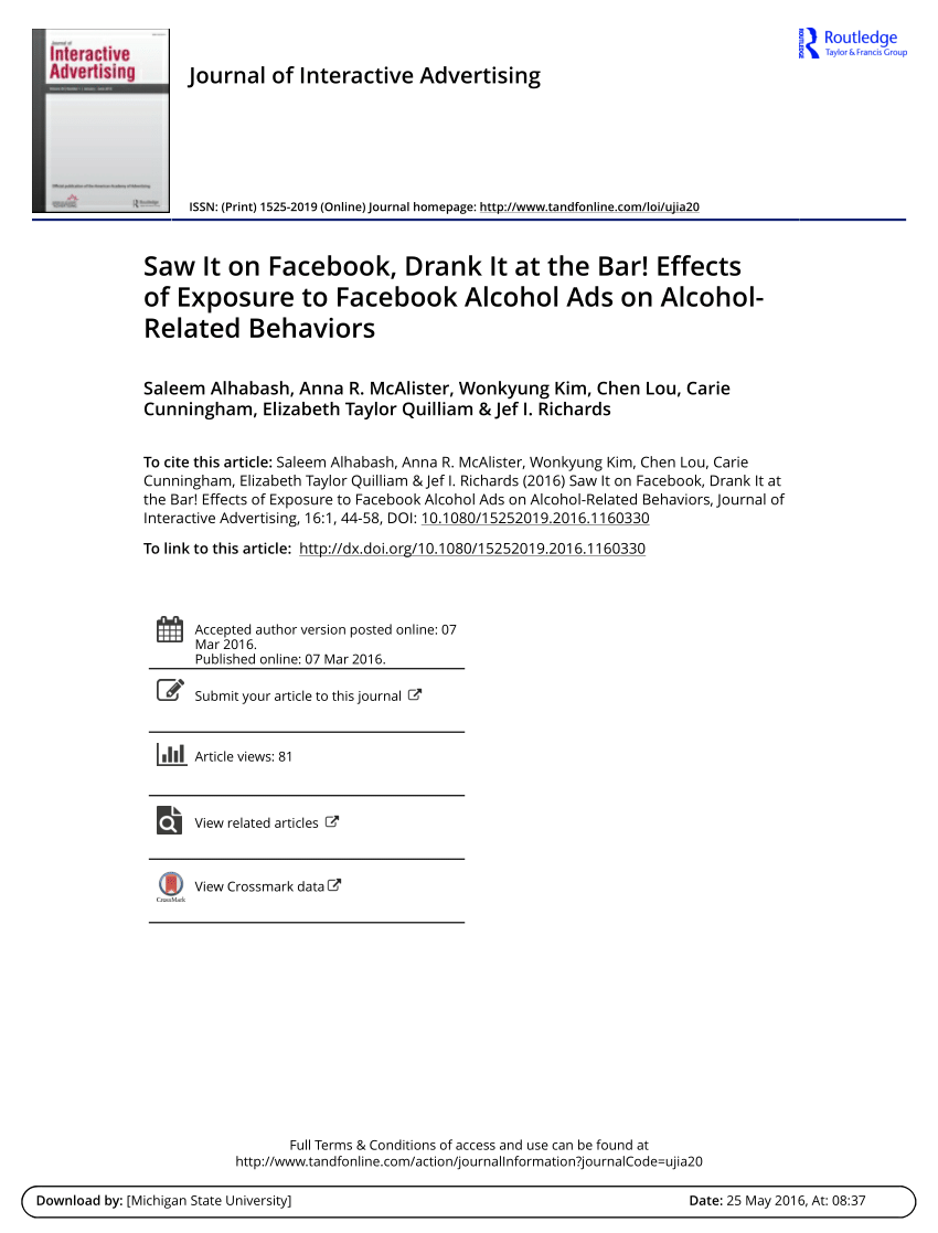 PDF) Saw It on Facebook, Drank It at the Bar! Effects of Exposure to Facebook Alcohol Ads on Alcohol-Related Behaviors