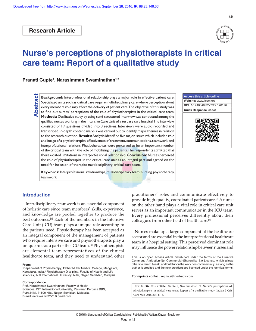 Pdf Nurse S Perceptions Of Physiotherapists In Critical Care Team Report Of A Qualitative Study