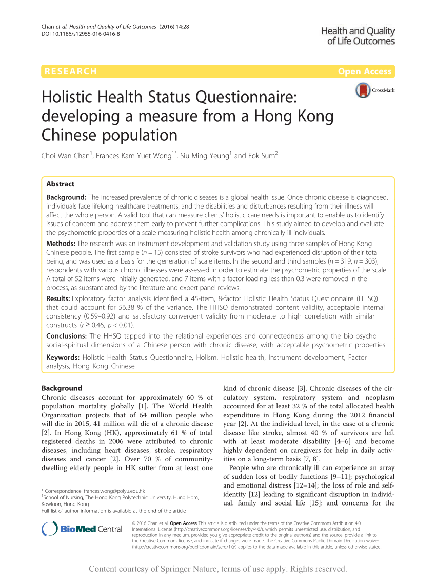 Pdf Holistic Health Status Questionnaire Developing A Measure From A Hong Kong Chinese Population