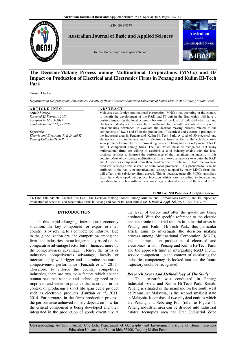 Pdf The Decision Making Process Among Multinational Corporations Mncs And Its Impact On Production Of Electrical And Electronics Firms In Penang And Kulim Hi Tech Park