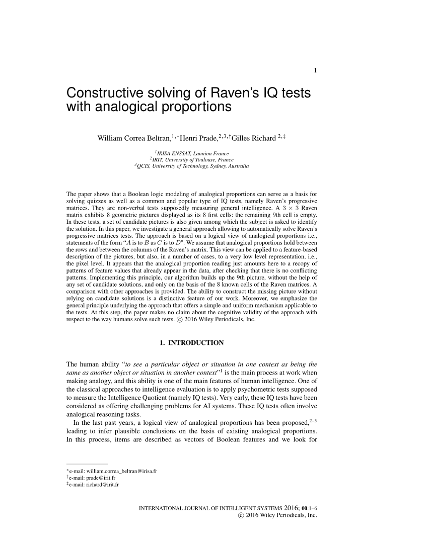 Pdf Constructive Solving Of Raven S Iq Tests With Analogical Proportions