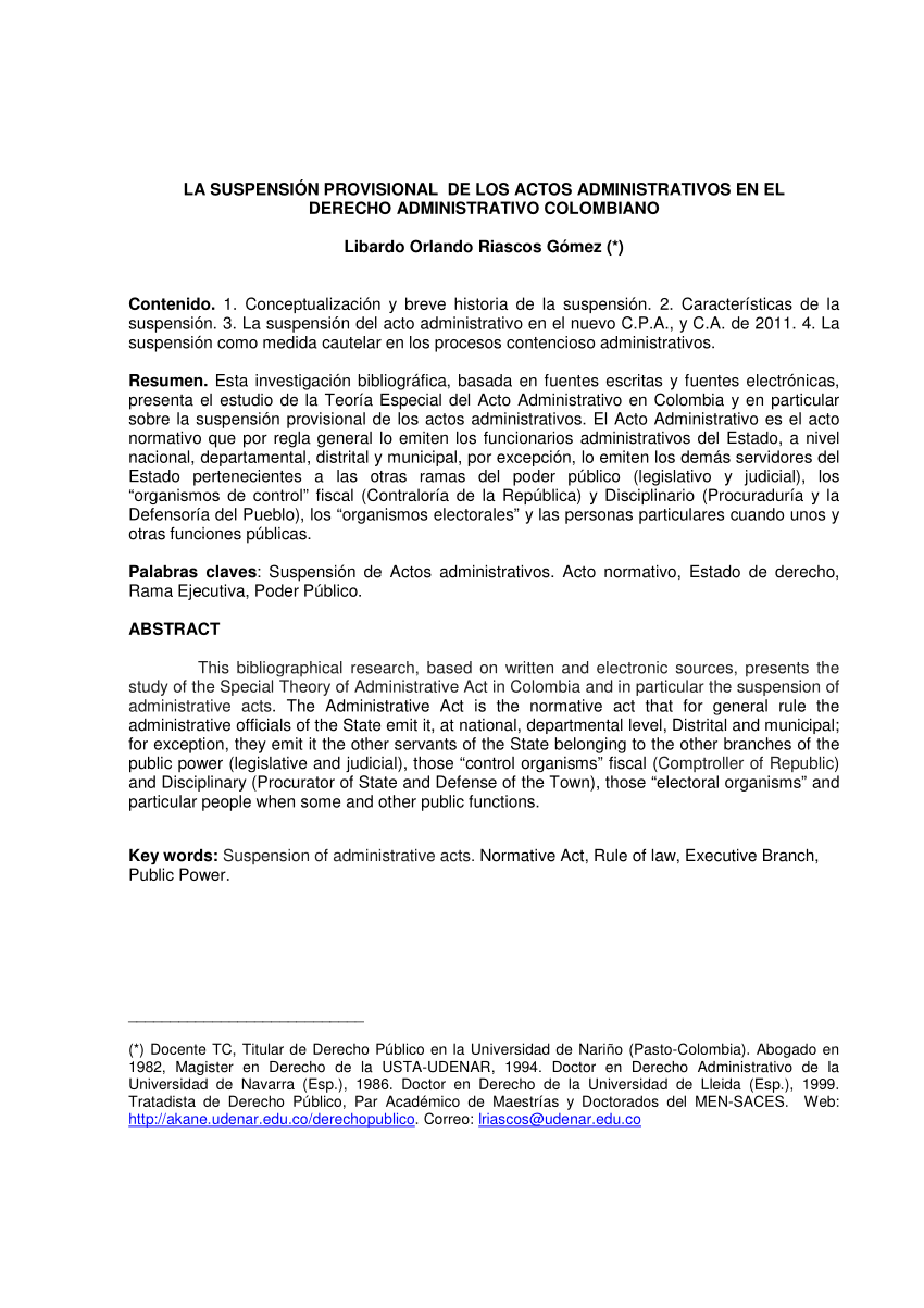 PDF) La Suspensión provisional de los Actos Administrativos en el derecho  colombiano
