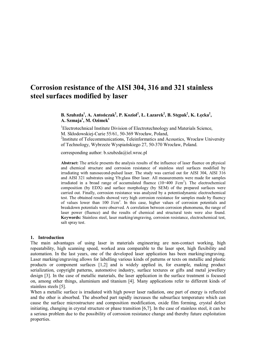 PDF) Corrosion resistance of the AISI 304, 316 and 321 stainless steel  surfaces modified by laser