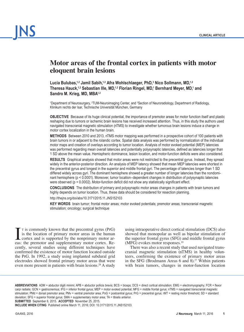 Pdf Motor Areas Of The Frontal Cortex In Patients With Motor Eloquent