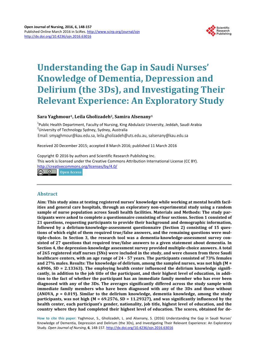 Pdf Understanding The Gap In Saudi Nurses Knowledge Of Dementia Depression And Delirium The 3ds And Investigating Their Relevant Experience An Exploratory Study