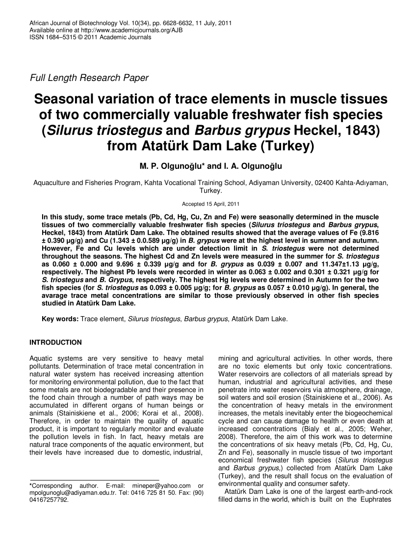 PDF) Seasonal variation of trace elements in muscle tissues of two commercially valuable freshwater fish species (Silurus triostegus and Barbus grypus Heckel, 1843) from Ataturk Dam Lake (Turkey)
