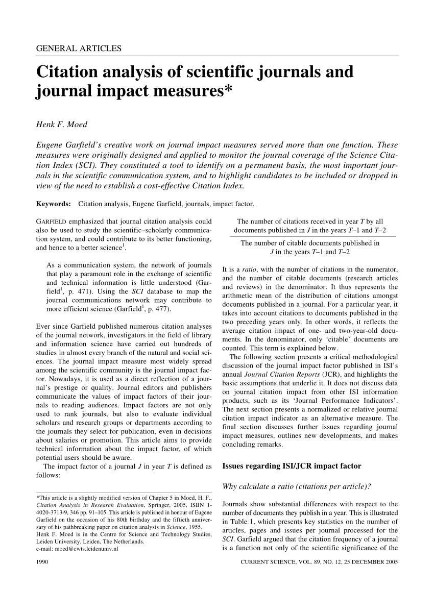 Pdf Citation Analysis Of Scientific Journals And Journal Impact Measures