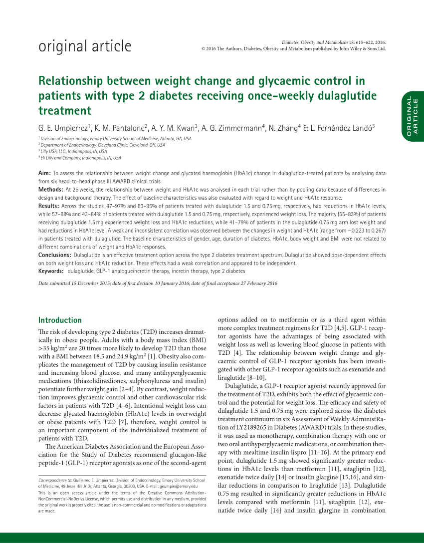 Pdf Relationship Between Weight Change And Glycaemic Control With Once Weekly Dulaglutide Treatment In Patients With Type 2 Diabetes