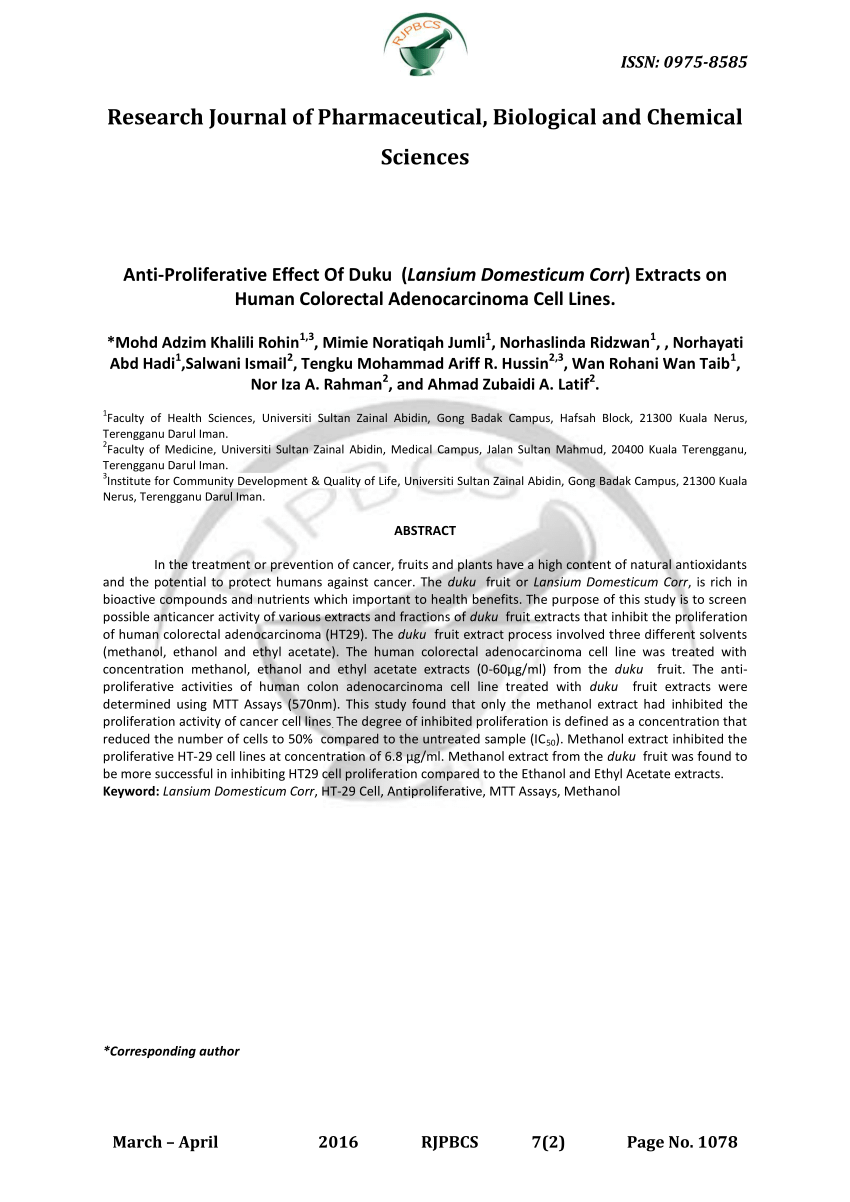 Pdf Anti Proliferative Effect Of Duku Lansium Domesticum Corr