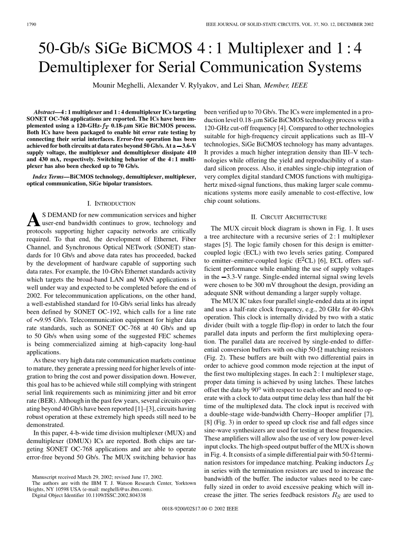 Pdf 50 Gb S Sige Bicmos 4 1 Multiplexer And 1 4 Demultiplexer For Serial Communication Systems