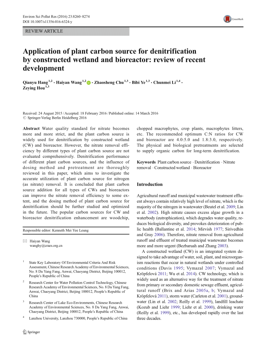 Pdf Application Of Plant Carbon Source For Denitrification By Constructed Wetland And Bioreactor Review Of Recent Development