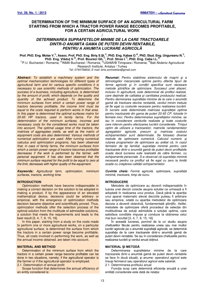 Pdf Determination Of The Minimum Surface Of An Agricultural Farm Starting From Which A Tractor Power Range Becomes Profitable For A Certain Agricultural Work