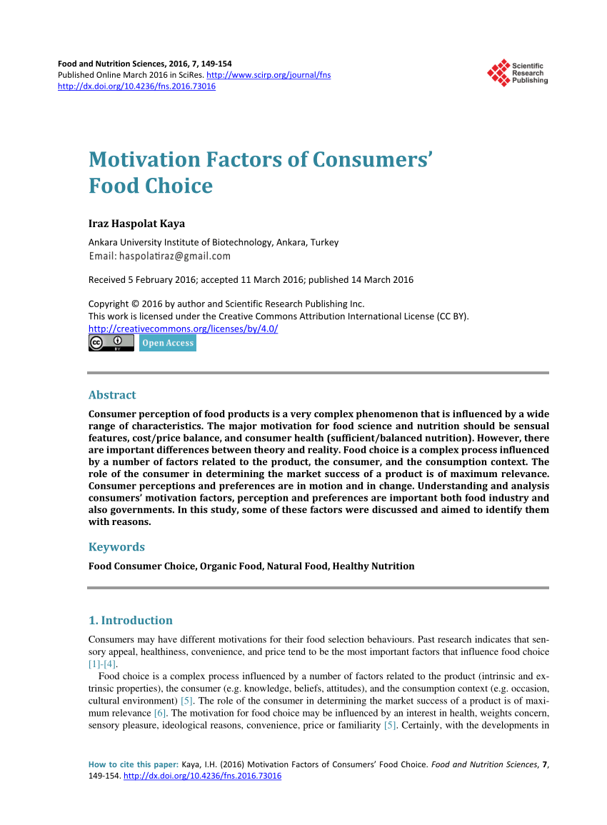 Pdf Motivation Factors Of Consumers Food Choice