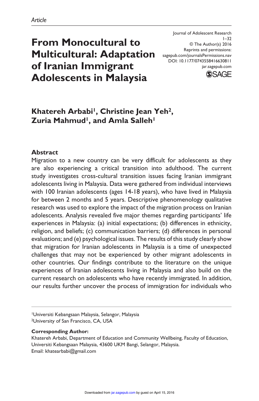 Pdf From Monocultural To Multicultural Adaptation Of Iranian Immigrant Adolescents In Malaysia