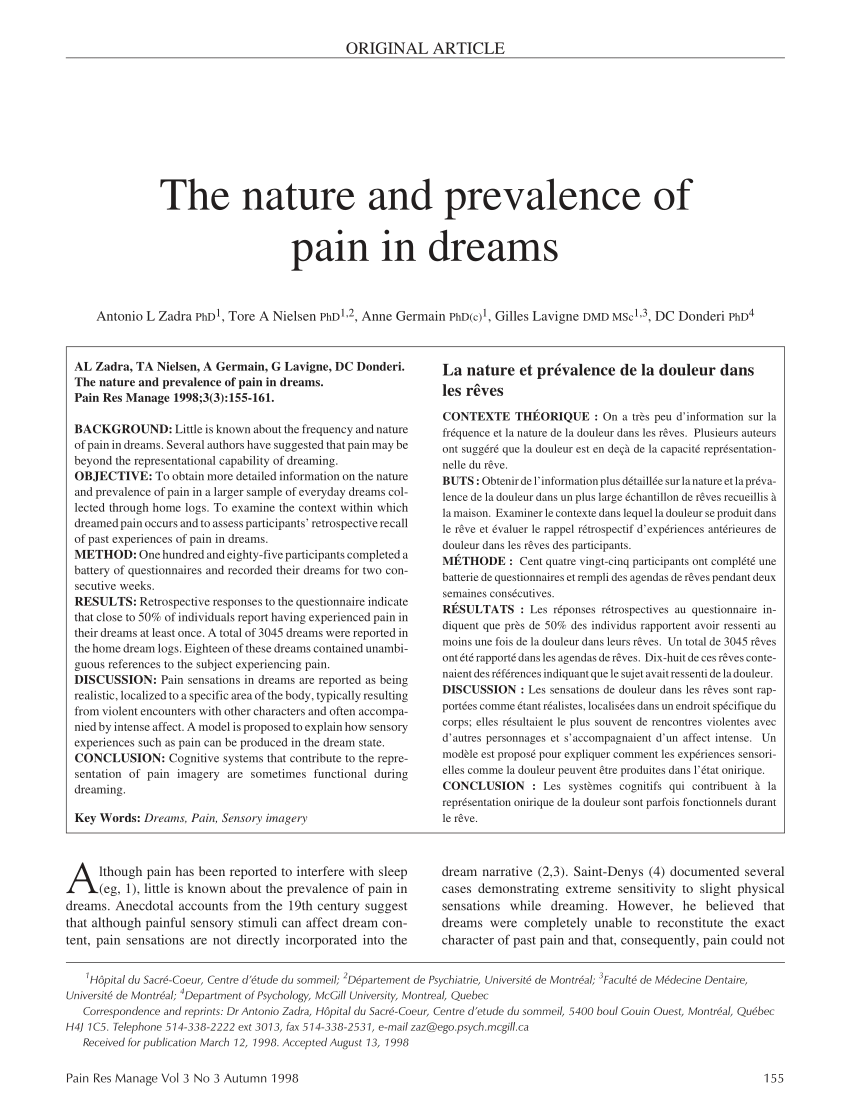 Pdf The Nature And Prevalence Of Pain In Dreams