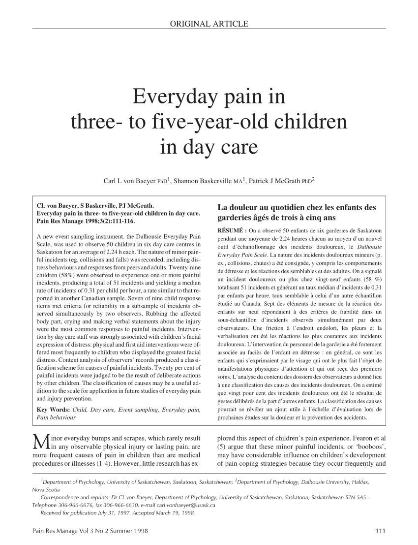 Pdf Everyday Pain In Three To Five Year Old Children In