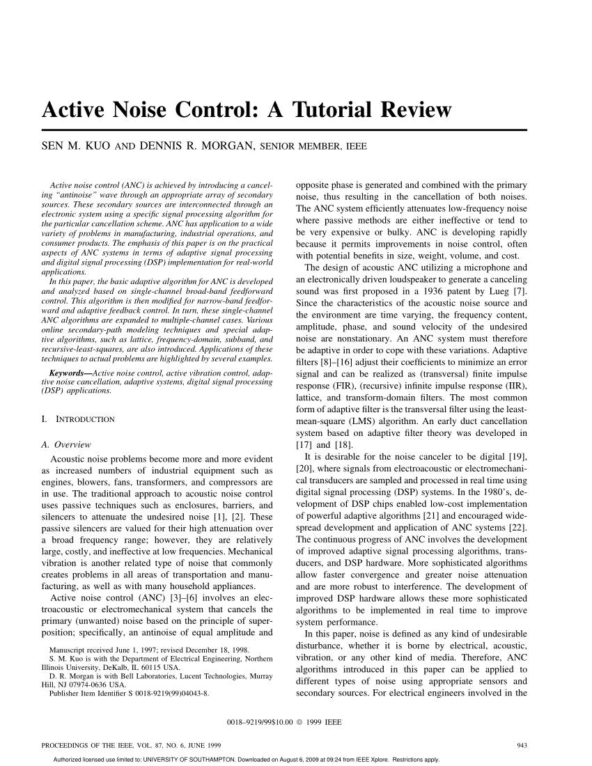 PDF) Active noise control: A tutorial review