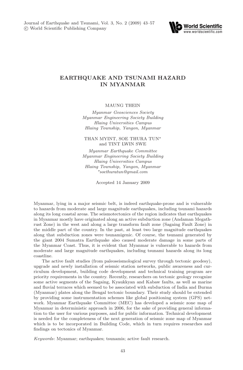 Pdf Earthquake And Tsunami Hazard In Myanmar