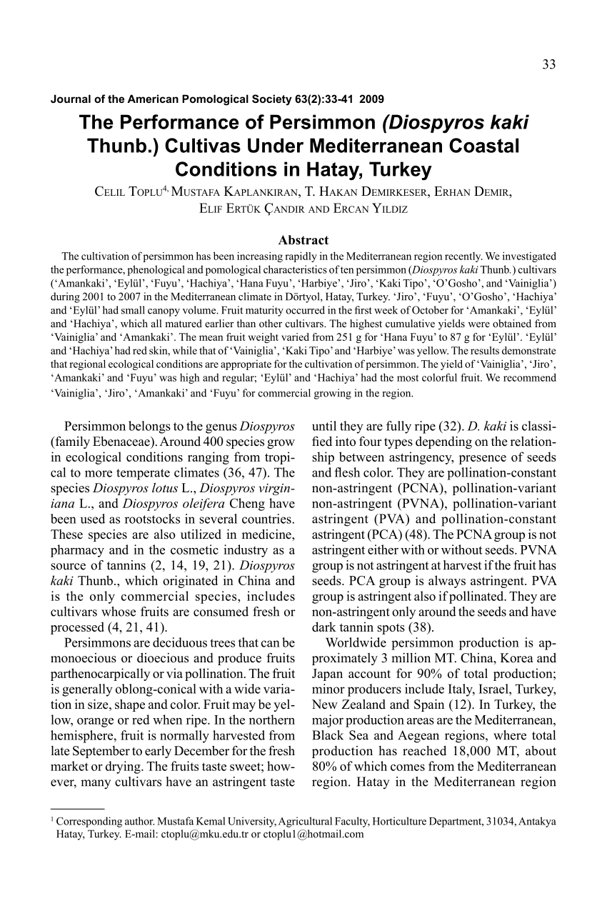 Pdf The Performance Of Persimmon Diospyros Kaki Thunb Cultivars Under Mediterranean Coastal Conditions In Hatay Turkey