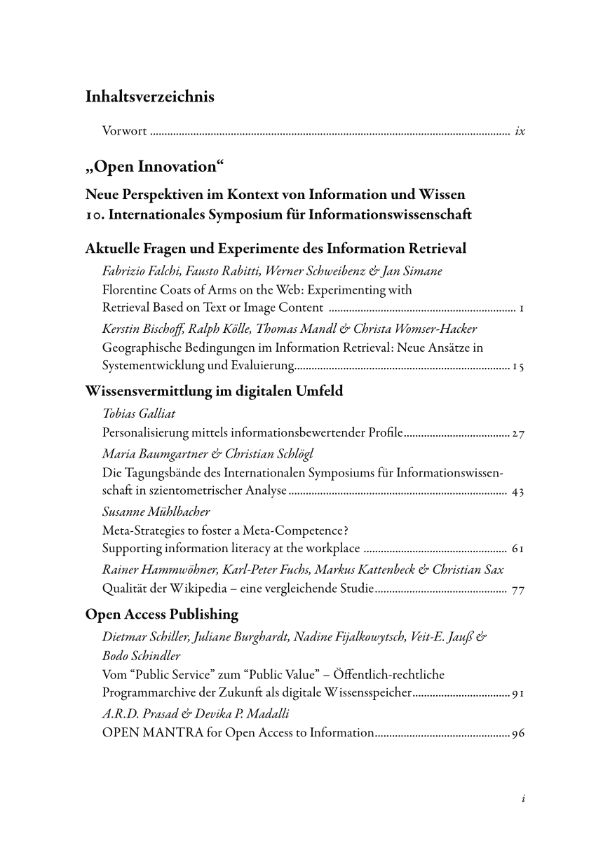 PDF Open Innovation neue Perspektiven im Kontext von Information und Wissen Proc 10 Internationales Symposium für Informationswissenschaft