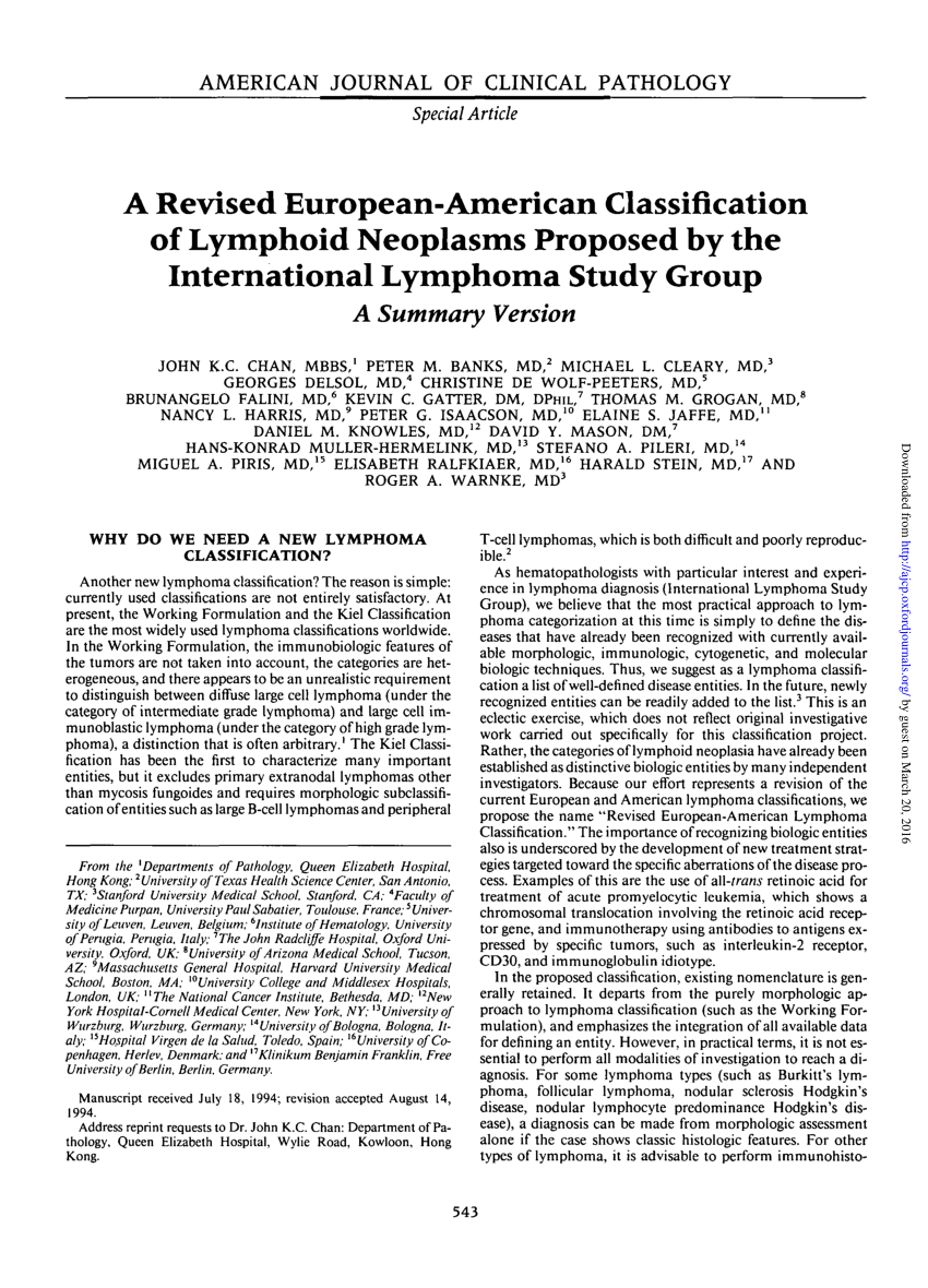 Pdf A Revised European American Classification Of Lymphoid Neoplasms Proposed By The 