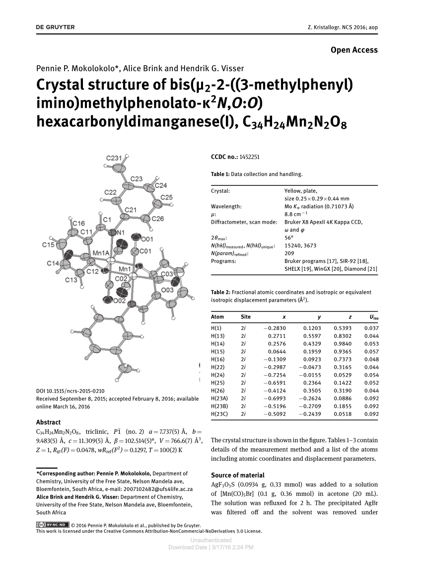 Pdf Crystal Structure Of Bis M2 2 3 Methylphenyl Imino Methylphenolato K2n O O Hexacarbonyldimanganese I C34h24mn2n2o8