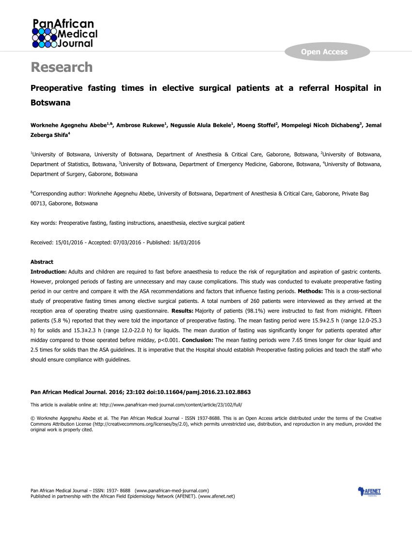 Pdf Preoperative Fasting Times In Elective Surgical Patients At A Referral Hospital In Botswana - ras very 100 safe popsicle van roblox amino