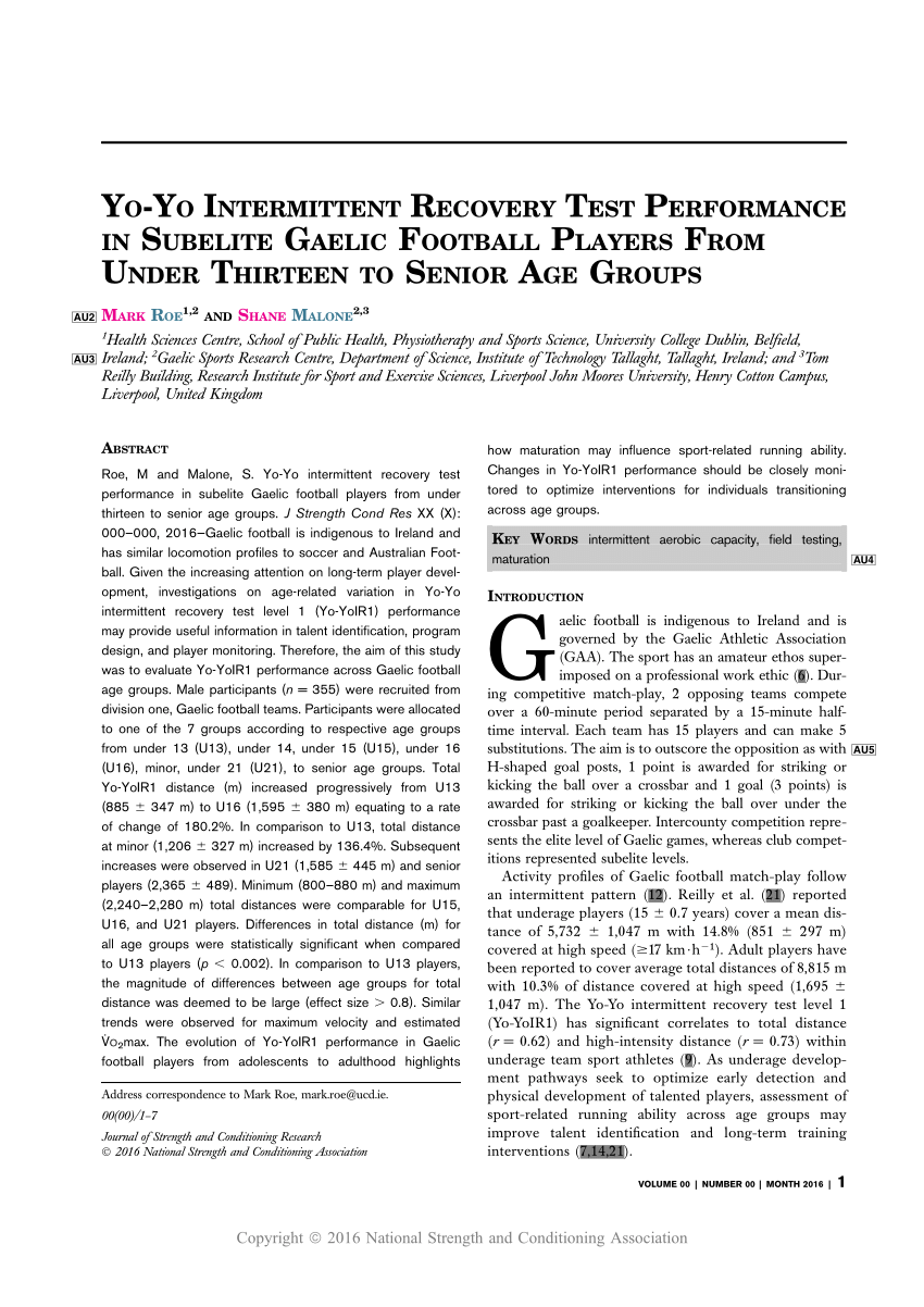 PDF) Yo-Yo Intermittent Recovery Test Performance in Sub-Elite Gaelic Football Players from Under 13 to Senior Age Groups