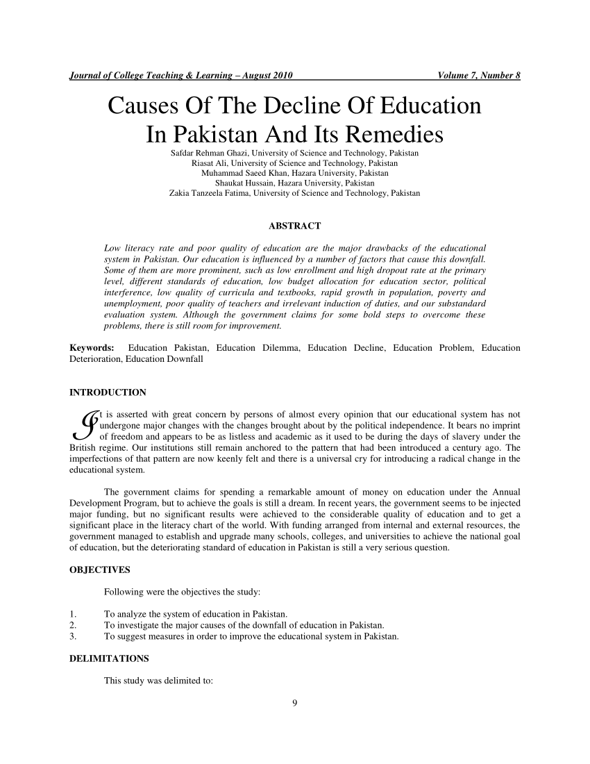essay on decline of education in pakistan