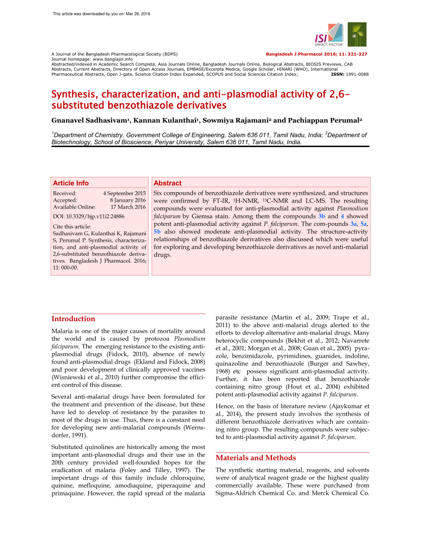 Pdf Synthesis Characterization And Anti Plasmodial Activity Of 2 6 Substituted Benzothiazole Derivatives