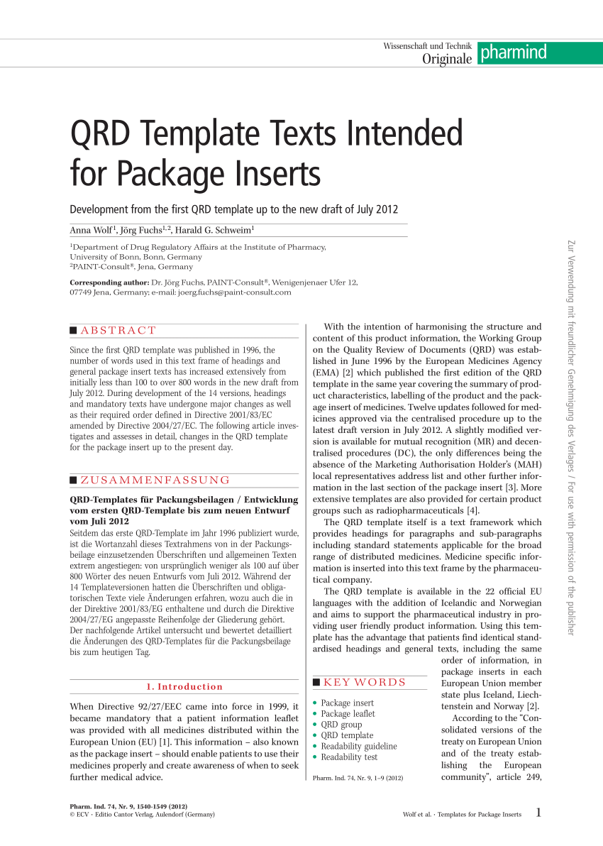 (PDF) QRD Template Texts Intended for Package Inserts Development from