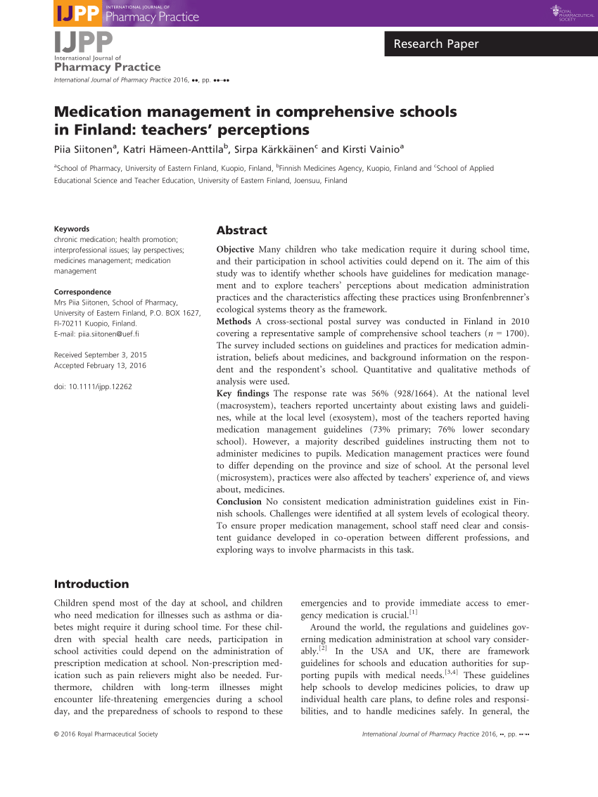 PDF) Medication management in comprehensive schools in Finland: teachers'  perceptions