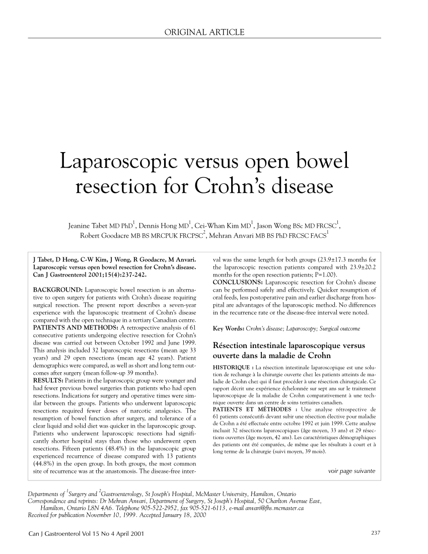 Pdf Laparoscopic Versus Open Bowel Resection For Crohns Disease 1046