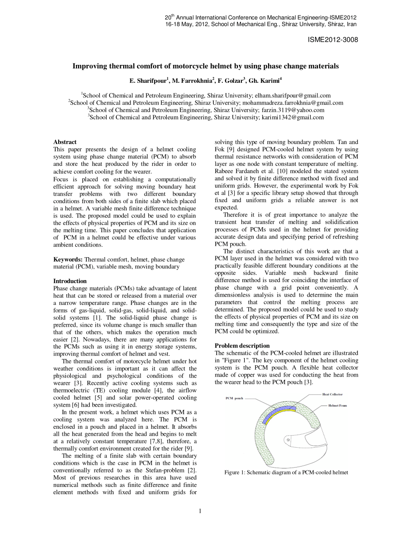 Pdf Improving Thermal Comfort Of Motorcycle Helmet By Using Phase