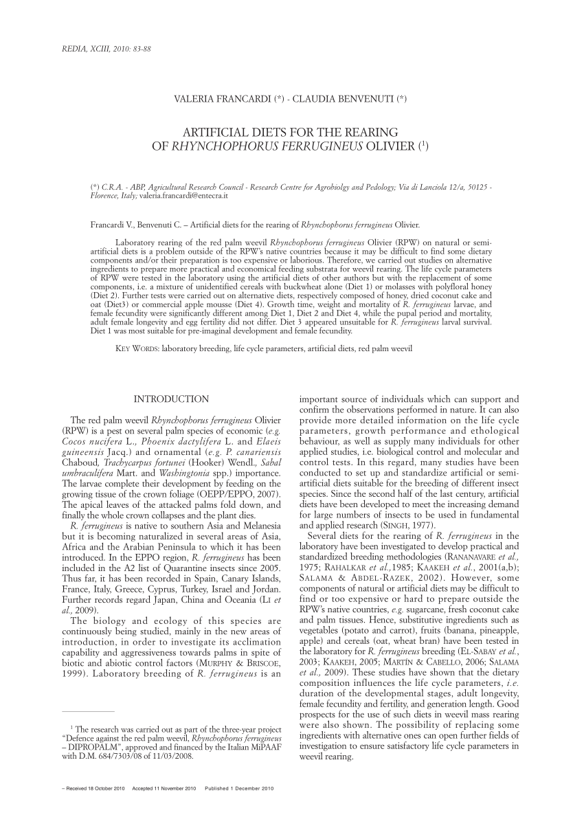 PDF) Growth Performance of the Red-Stripe Weevil Rhynchophorus schach Oliv.  (Insecta: Coleoptera: Curculionidae) on Meridic Diets