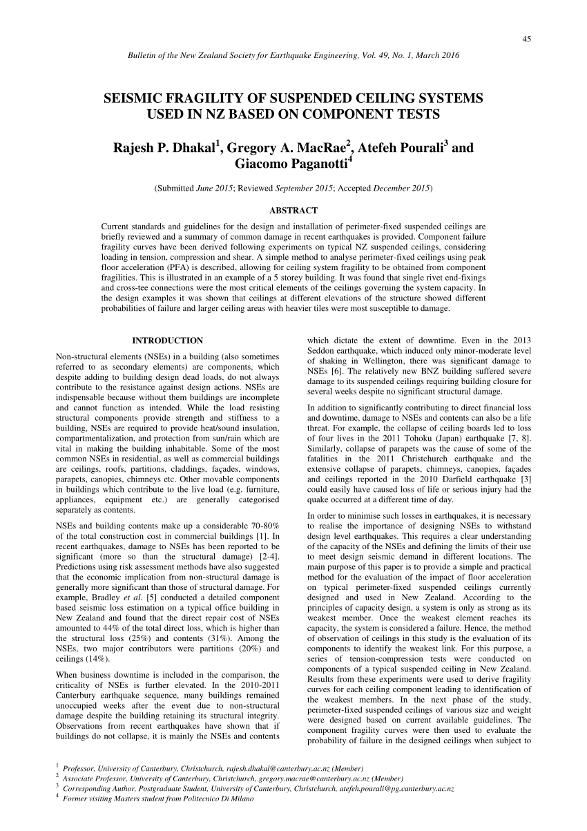 Pdf Seismic Fragility Of Suspended Ceiling Systems Used In