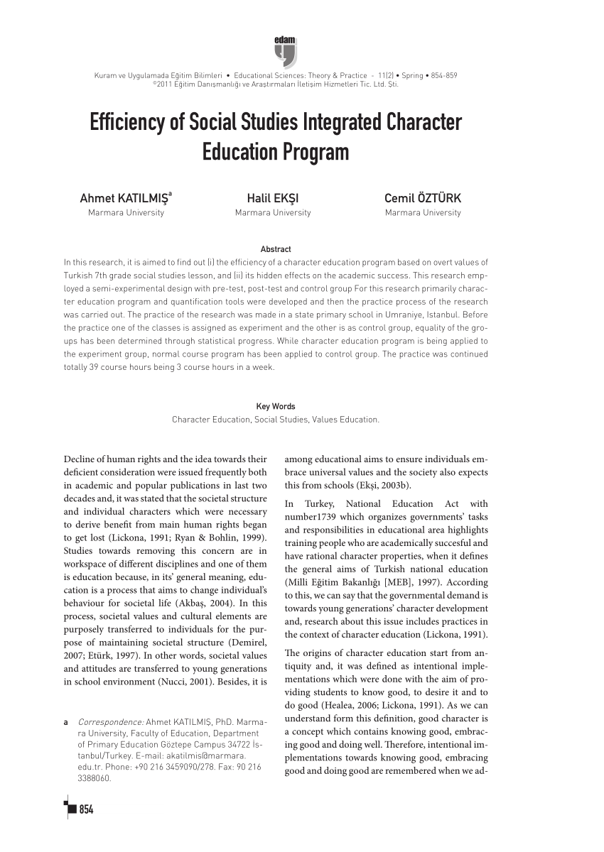 pdf efficiency of social studies integrated character education program