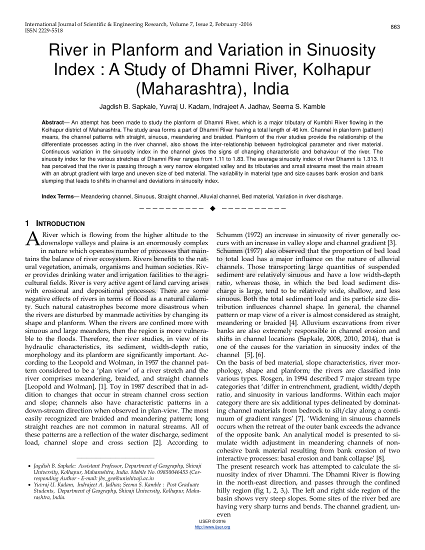 Pdf River In Planform And Variation In Sinuosity Index A Study Of Dhamni River Kolhapur Maharashtra India