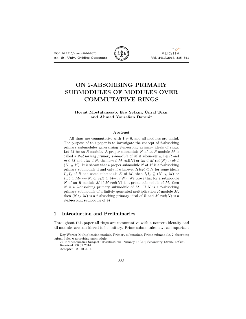 rings over submodules 2-absorbing commutative primary over absorbing submodules modules of On 2