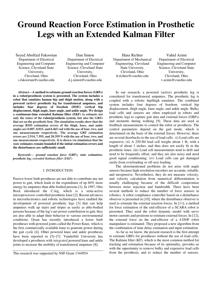 Pdf Ground Reaction Force Estimation In Prosthetic Legs With An Extended Kalman Filter