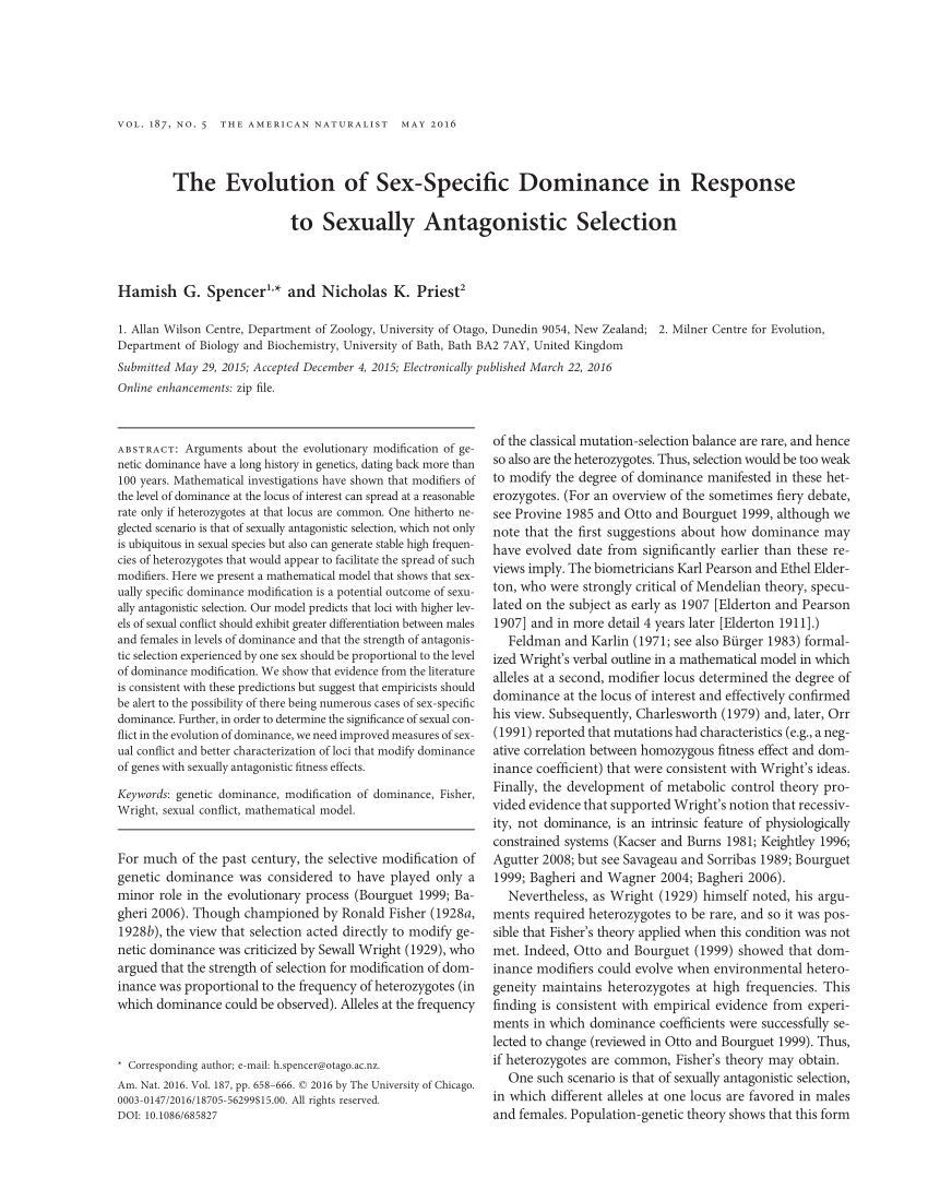 Pdf The Evolution Of Sex Specific Dominance In Response To Sexually