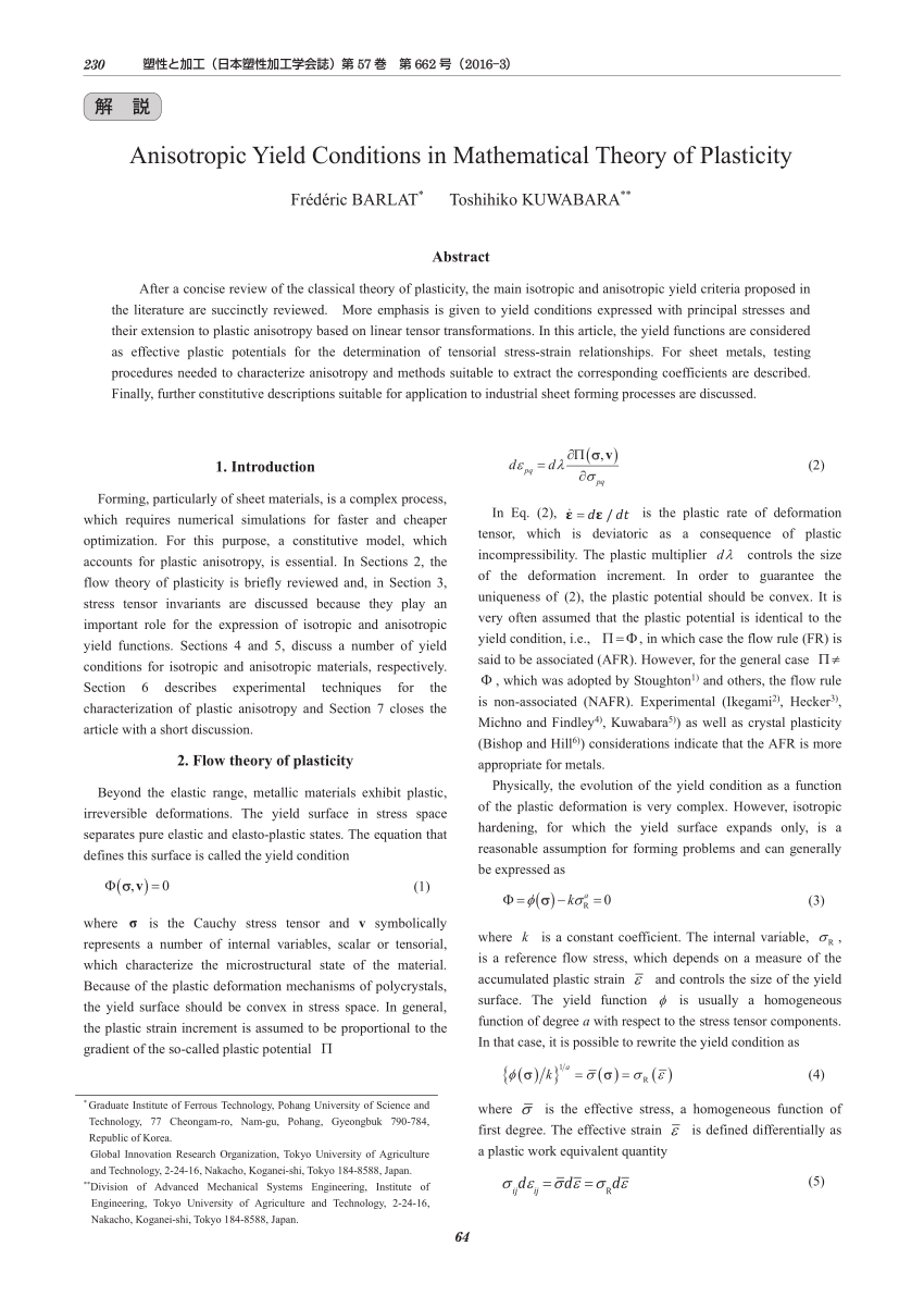 PDF) Anisotropic Yield Conditions in Mathematical Theory of Plasticity
