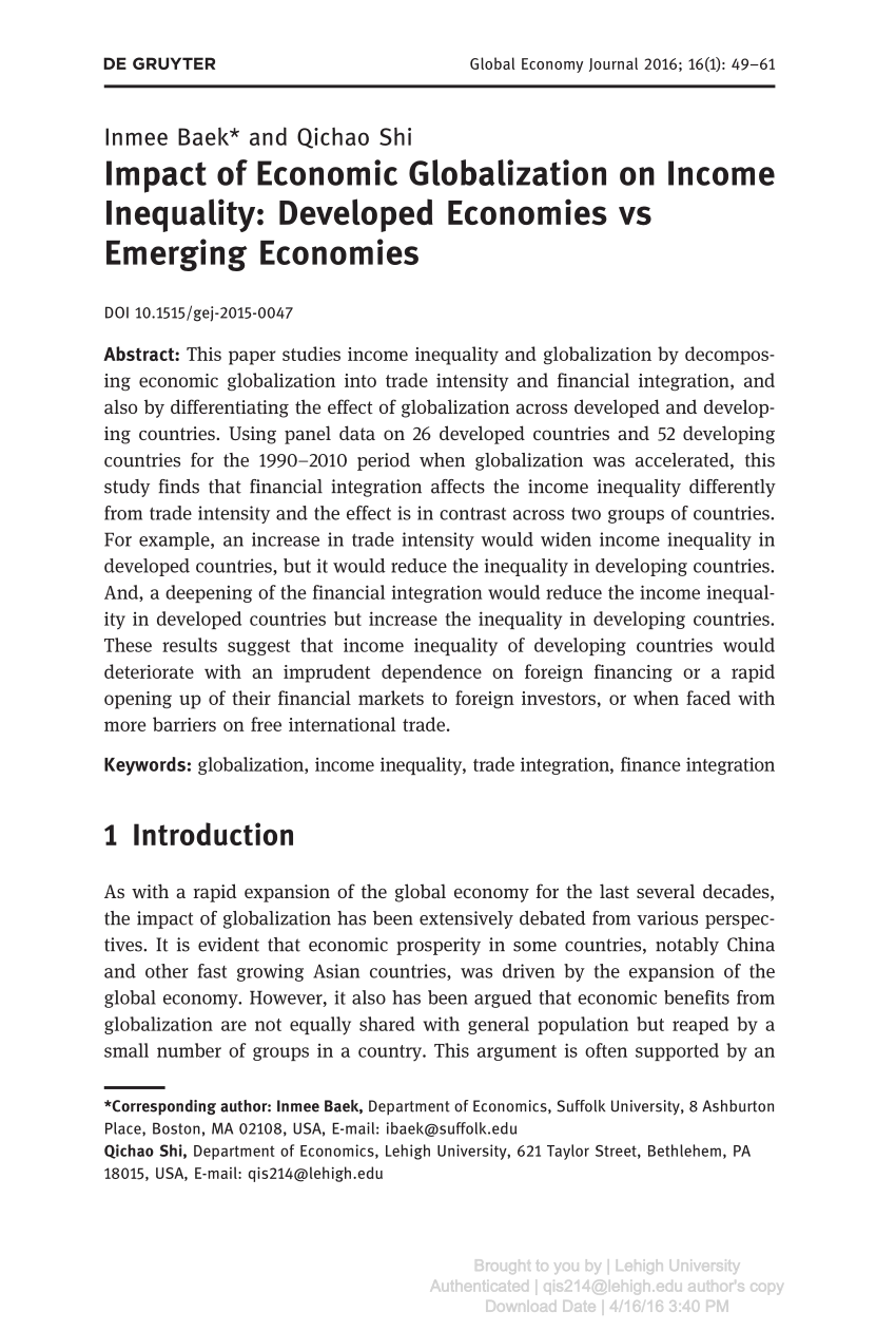 Pdf Impact Of Economic Globalization On Income Inequality Developed Economies Vs Emerging Economies