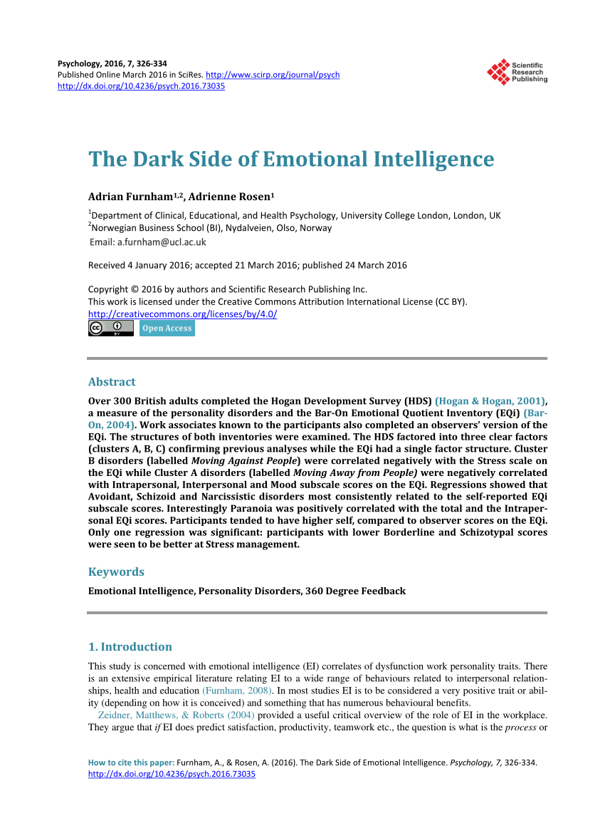 Pdf The Dark Side Of Emotional Intelligence