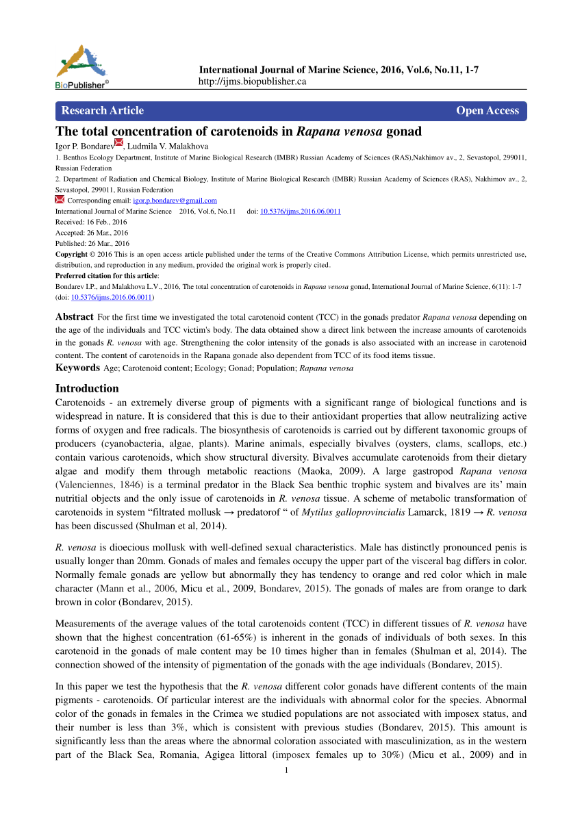 PDF The total concentration of carotenoids in Rapana venosa gonad 