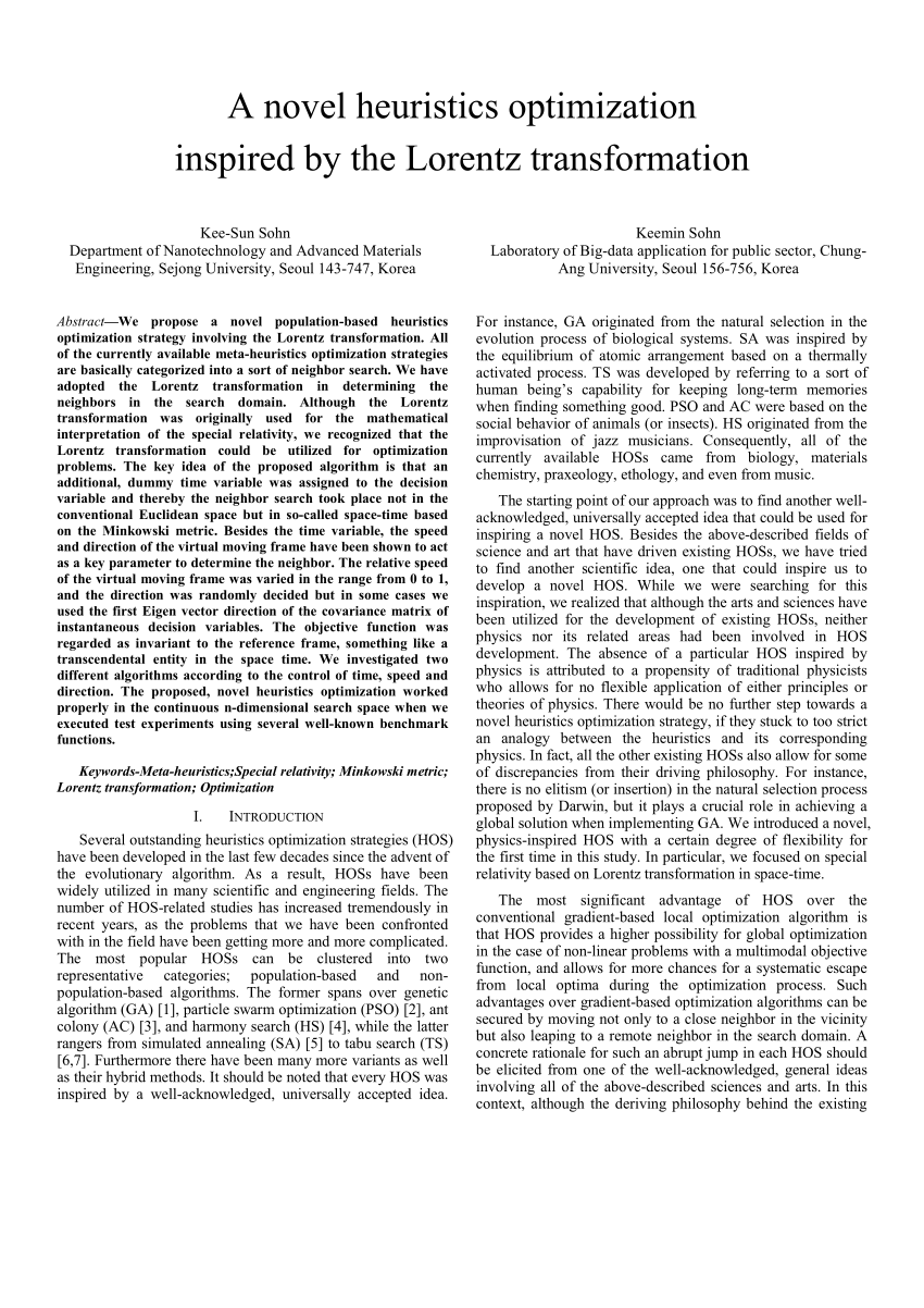 Pdf A Novel Heuristics Optimization Inspired By The Lorentz Transformation