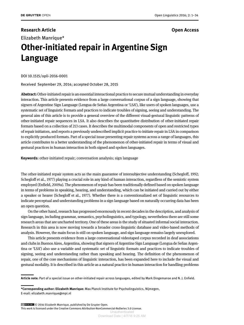Pdf Other Initiated Repair In Argentine Sign Language