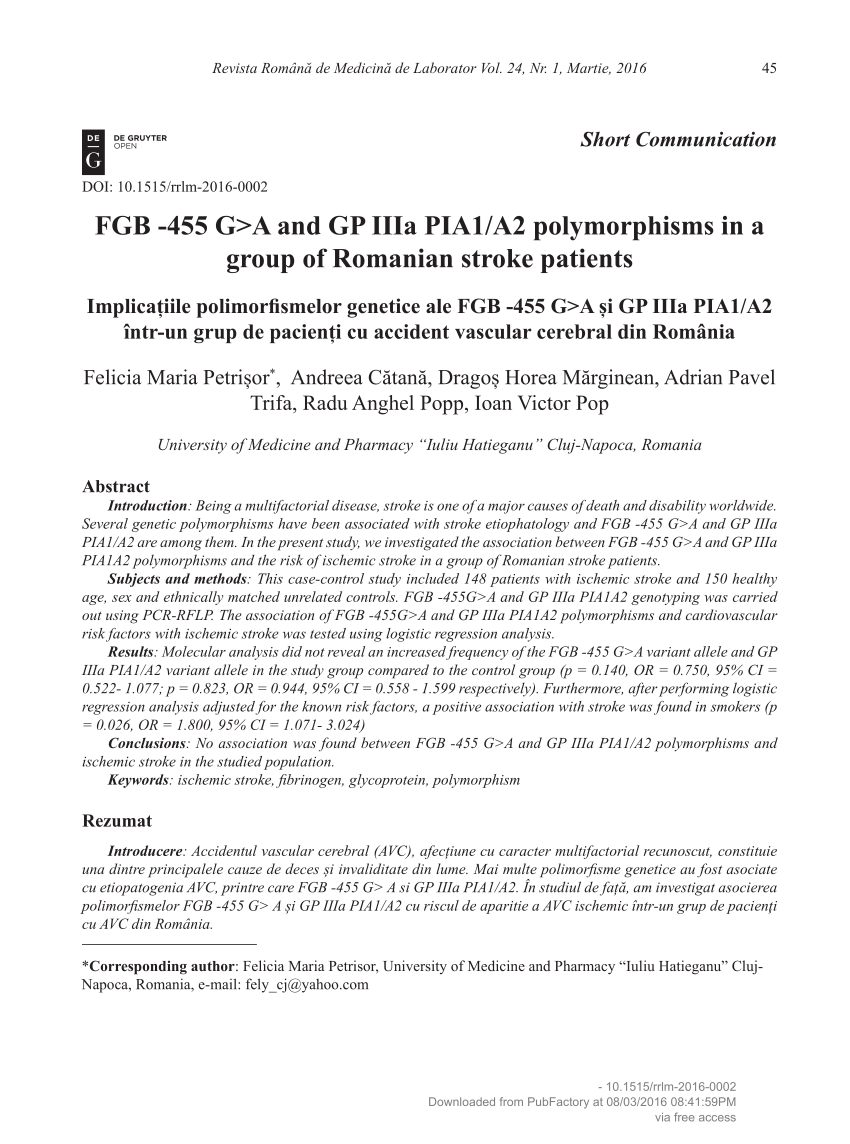 Pdf Fgb 455 G A And Gp Iiia Pia1 A2 Polymorphisms In A Group Of